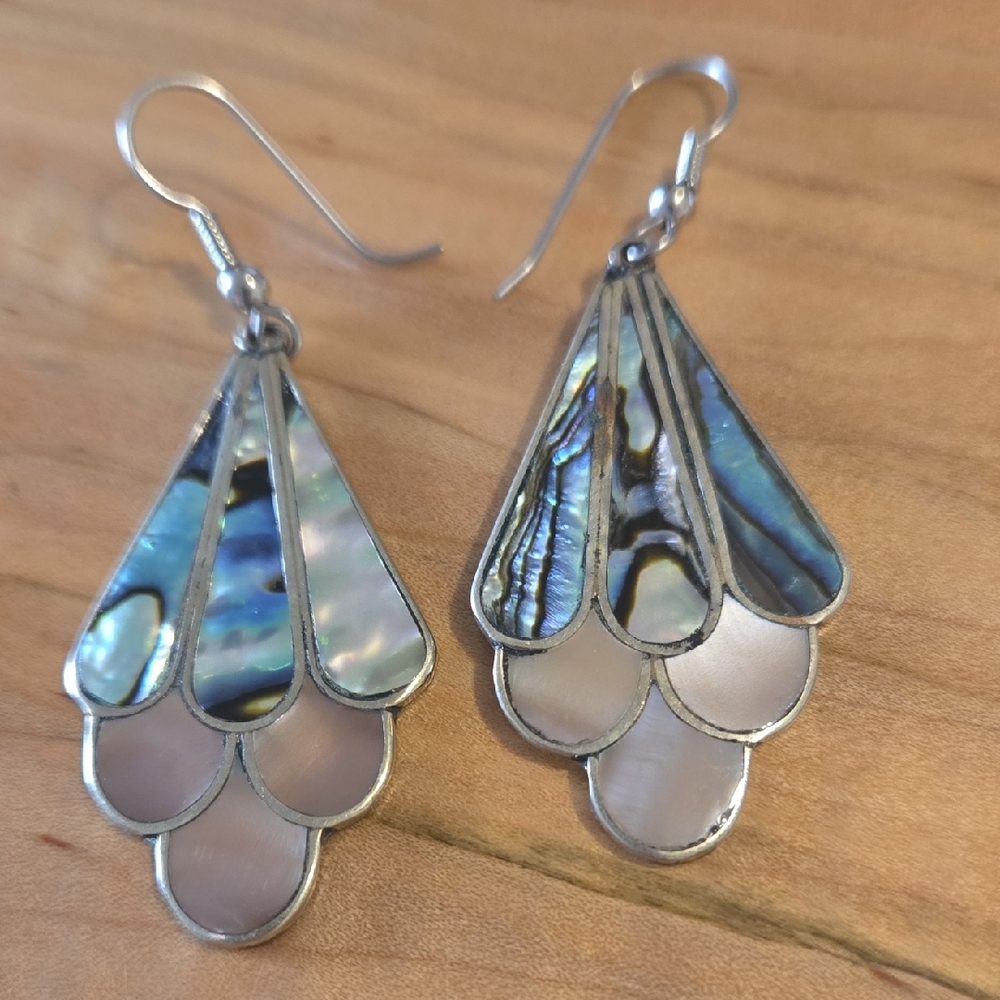 Silver and Blue Art Deco Abalone  Earrings with Teardrop Design